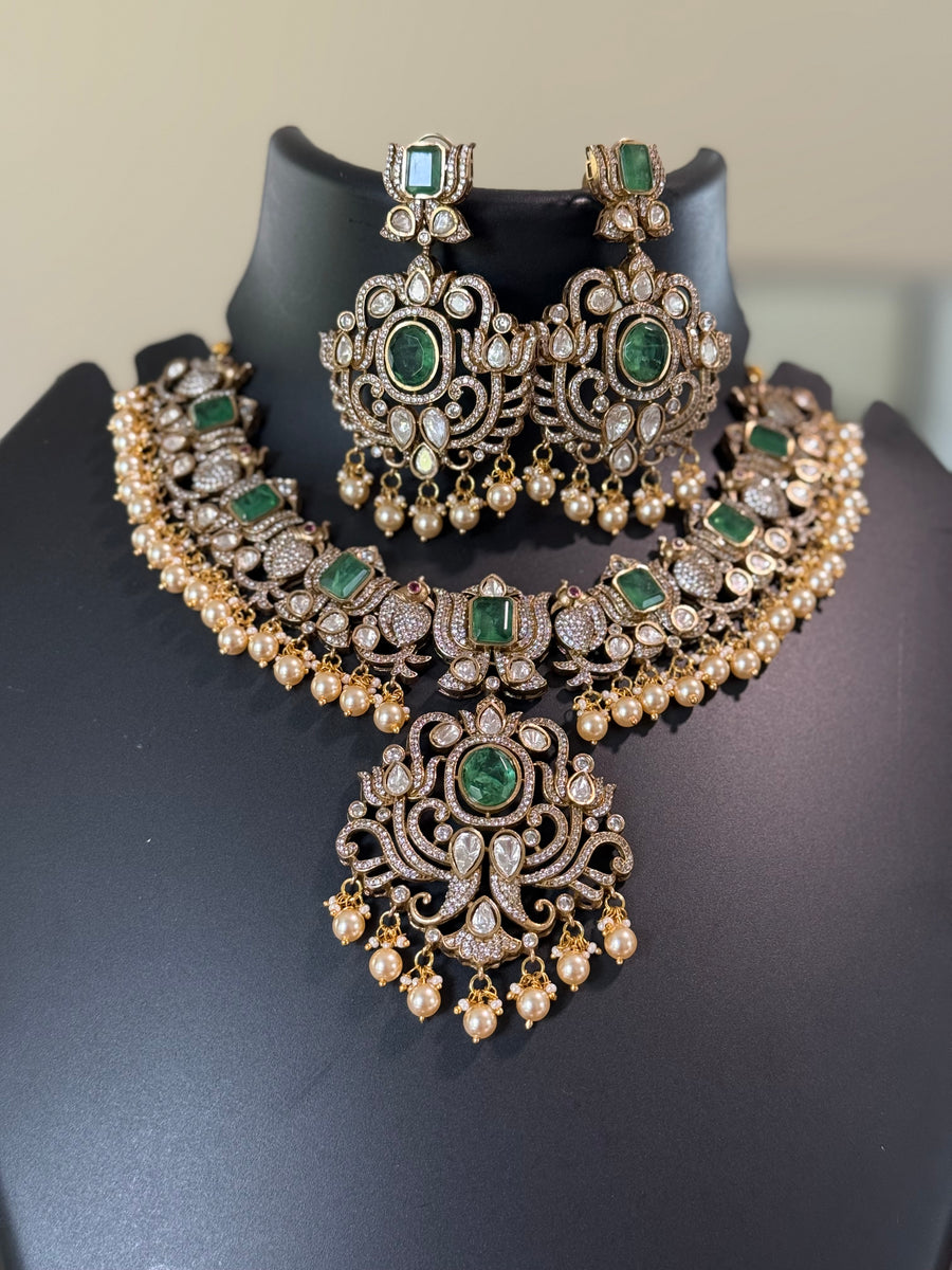 Heavy Victorian Finish Kundan Necklace set with Mint Green Stones