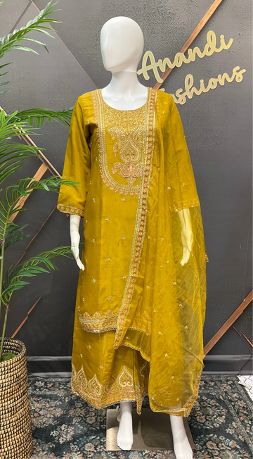Mustard Yellow Shimmery Silk Party Wear Sharara Set