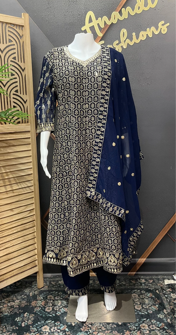 Royal Blue Heavy Work Georgette Anarkali Kurti Set Size 44 - Gold Zari Party Wear