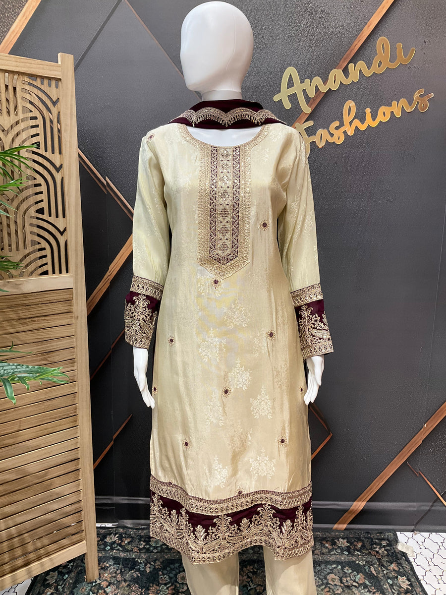 Half White & Wine Benarasi Kurti set