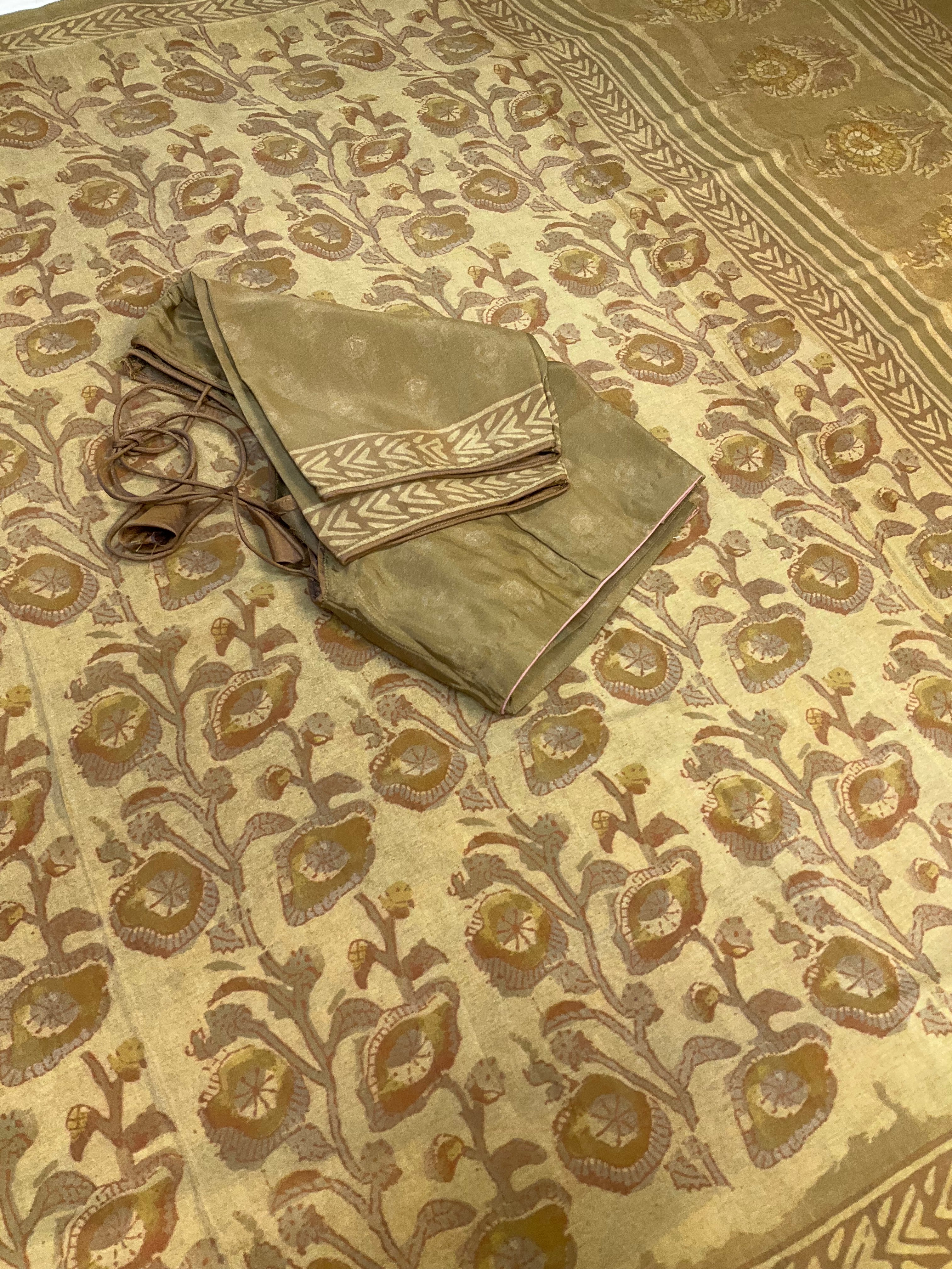 Olive Green Crape Silk Saree with stitched blouse