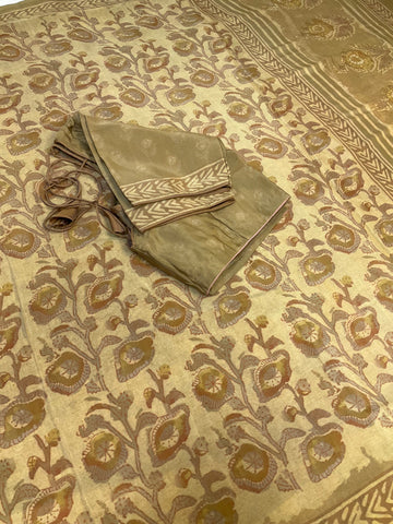 Olive Green Crape Silk Saree with stitched blouse