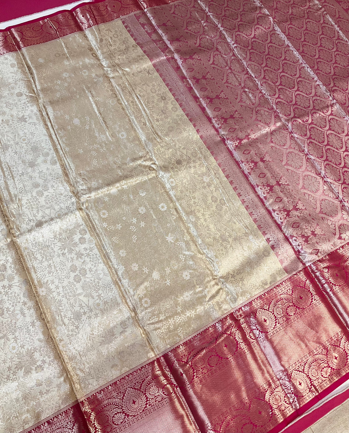 Semi Silk Beige/ Gold & pink Border Saree