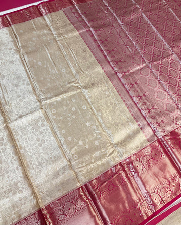 Semi Silk Beige/ Gold & pink Border Saree