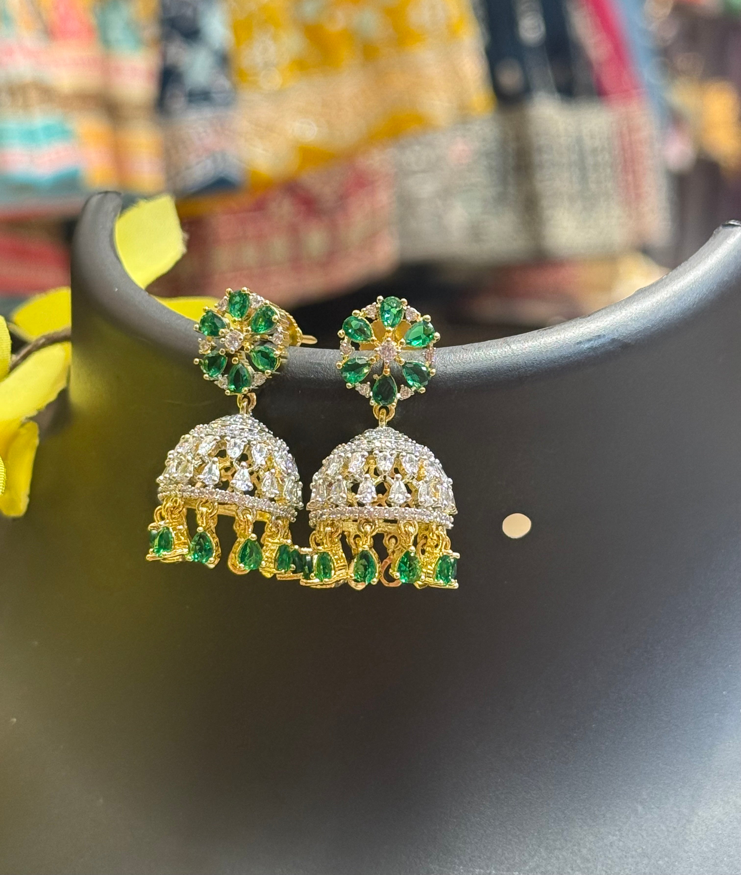 CZ Jhumkas/Earrings with Green Stones