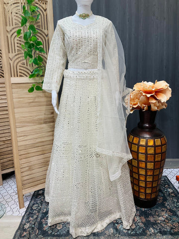 White Heavy Work Lehenga Set - Full Sleeves with Belt