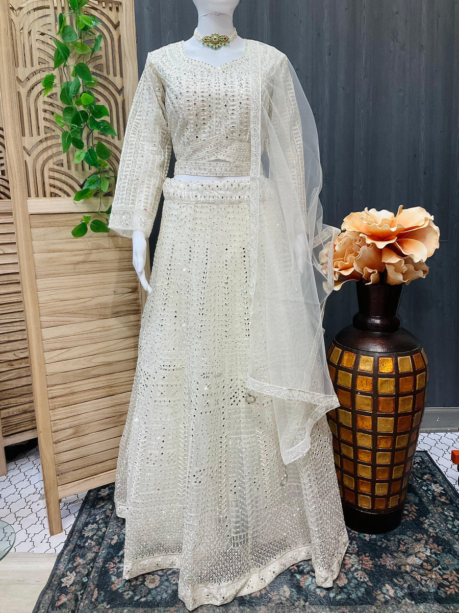 White Heavy Work Lehenga Set - Full Sleeves with Belt