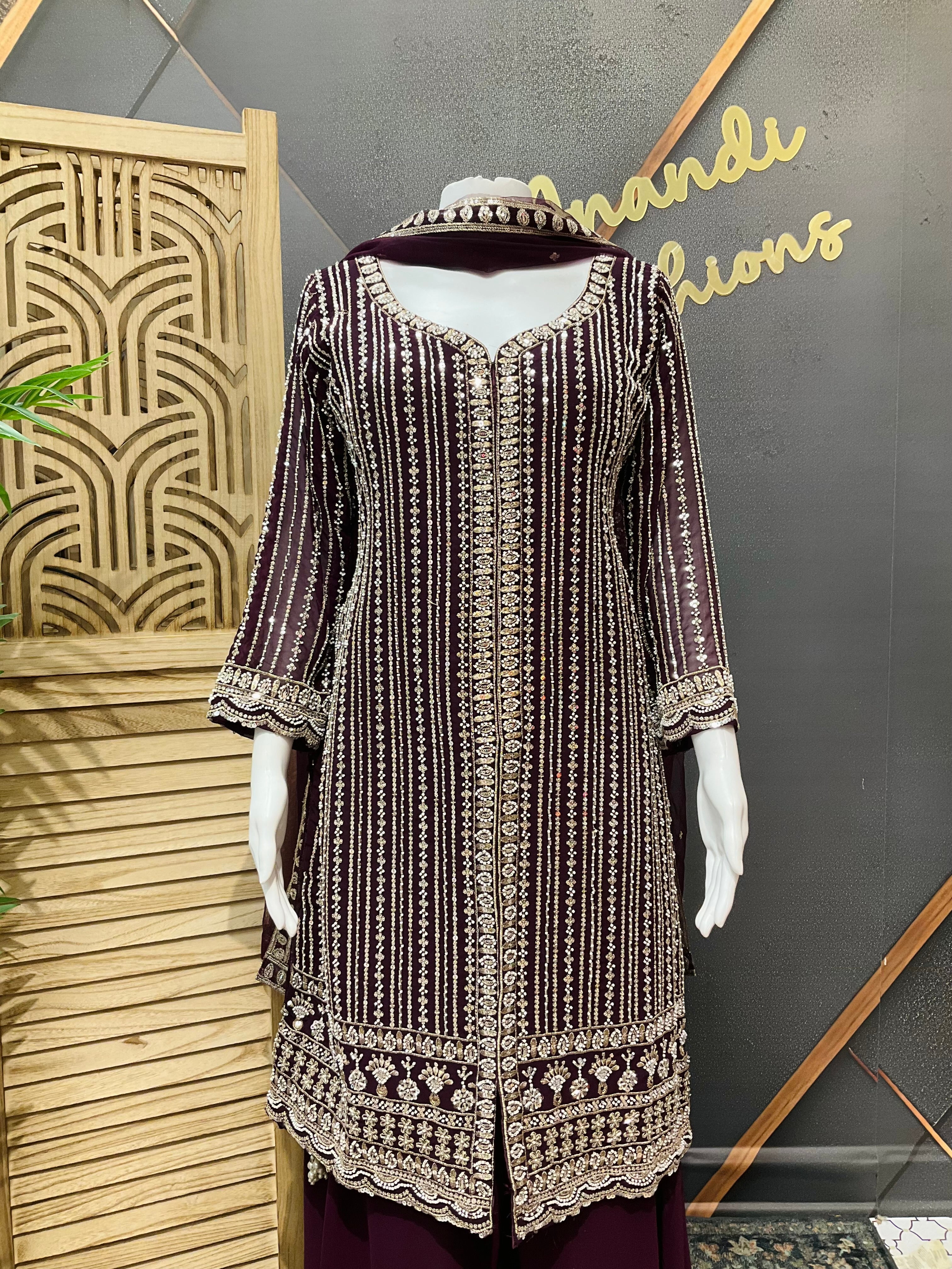 Size 38/Indian M - Party Wear Wine color -Georgette Palazzo/Sharara set