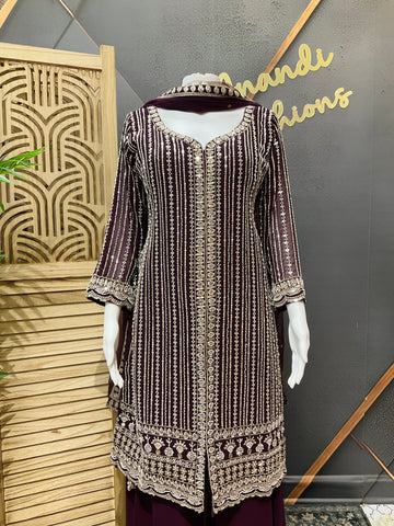 Size 38/Indian M - Party Wear Wine color -Georgette Palazzo/Sharara set