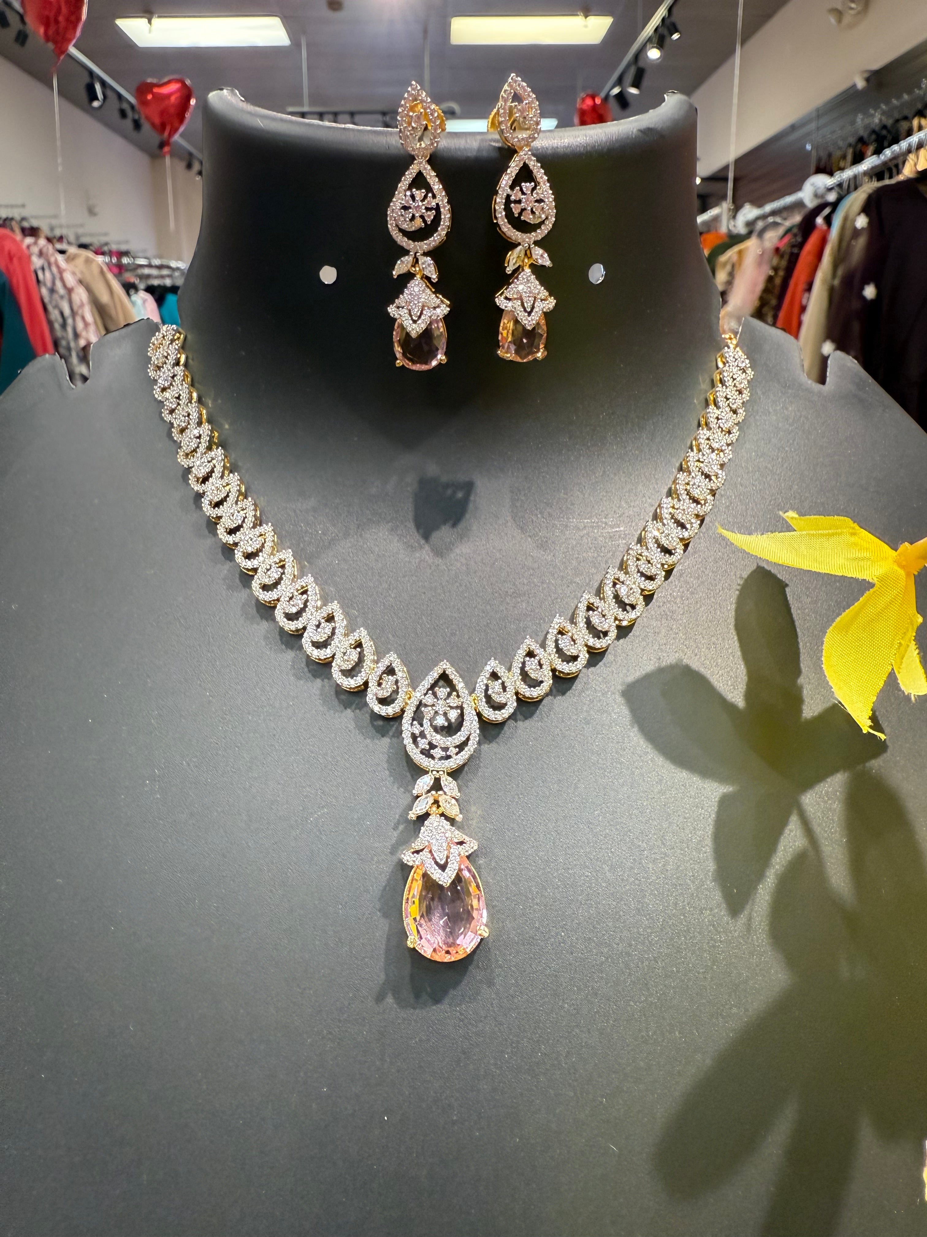 Party Wear CZ Necklace set with Drop Style pendant