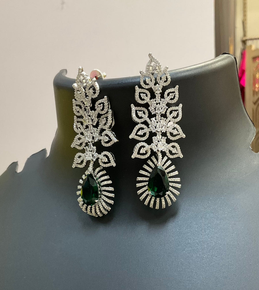 Silver Finish Earrings With Emerald