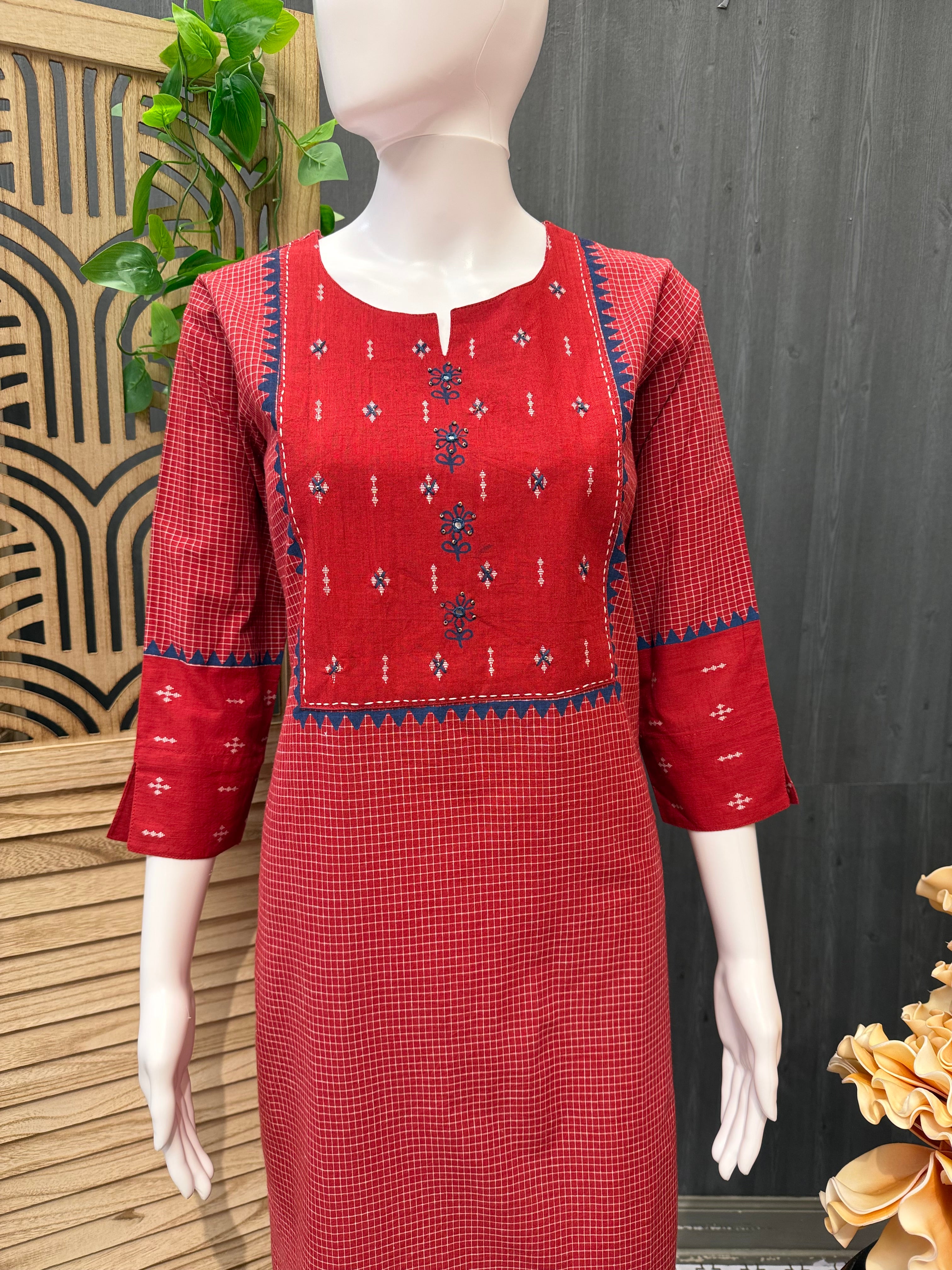 Maroon Color - Khadi Cotton Checks Design Kurti
