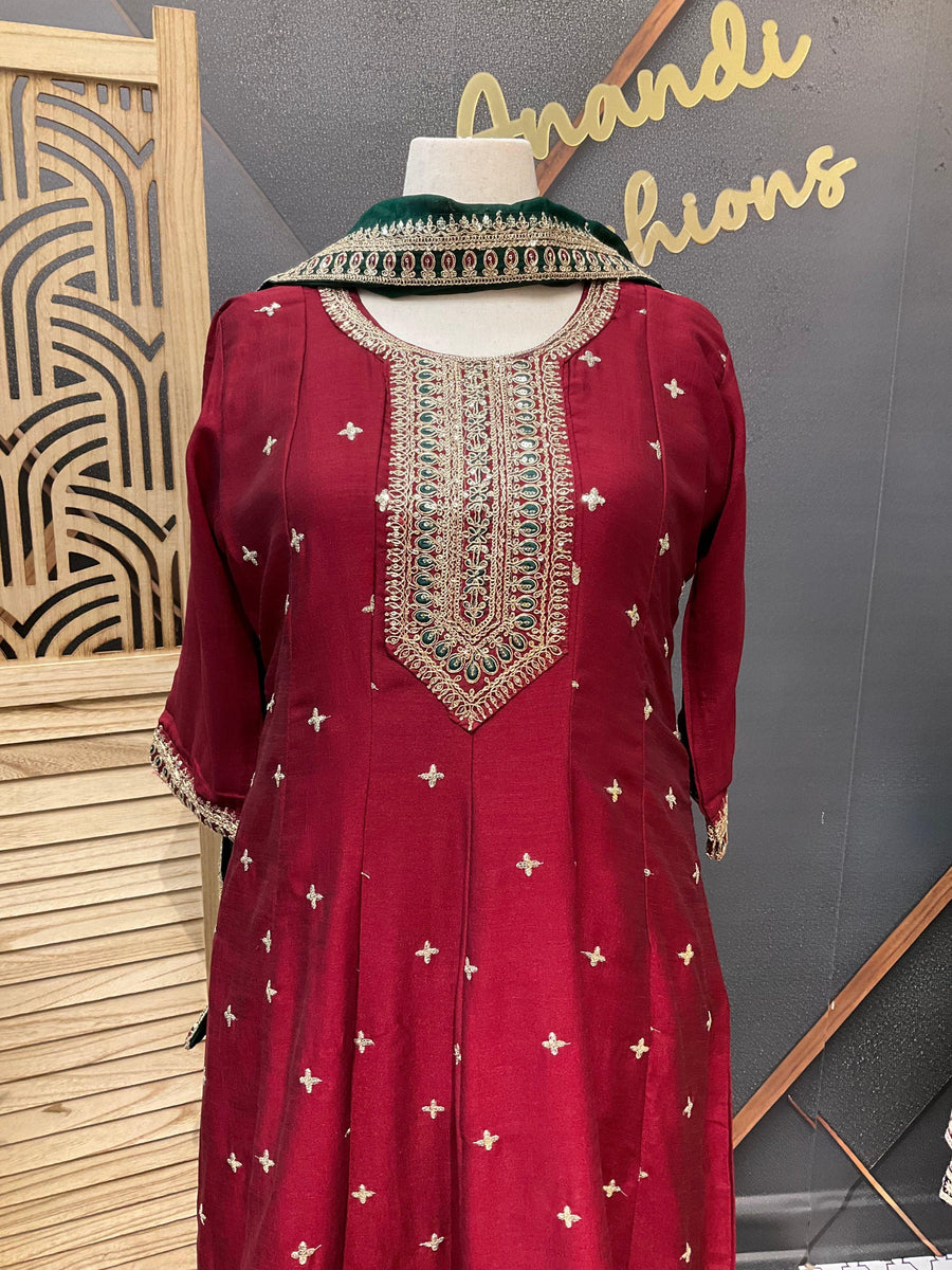 Maroon Anarkali Kurti Set Size 44 - Party Wear