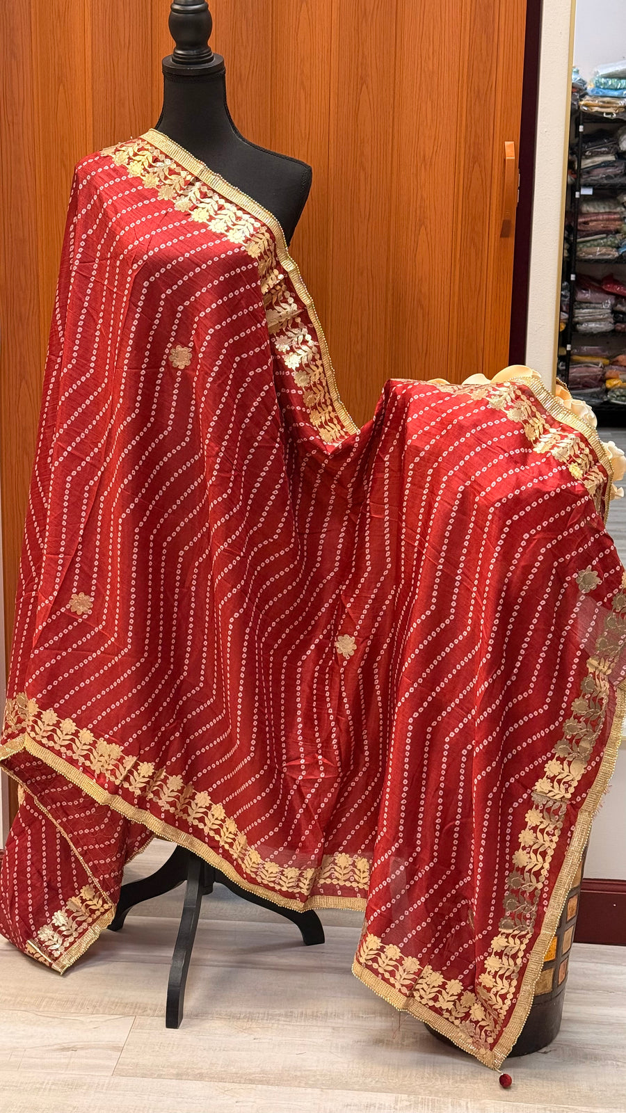Maroon Bandhini Silk Dupatta with Gota Patti Border