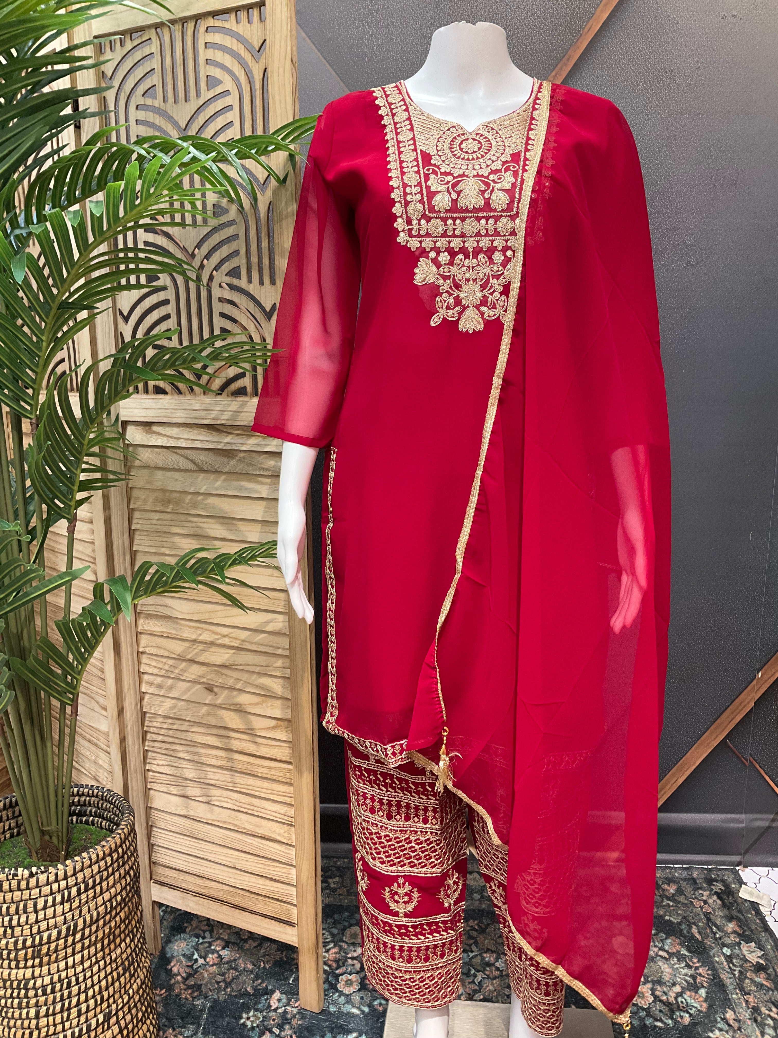 Party Wear Georgette Kurti set- Embroidery Work Pants