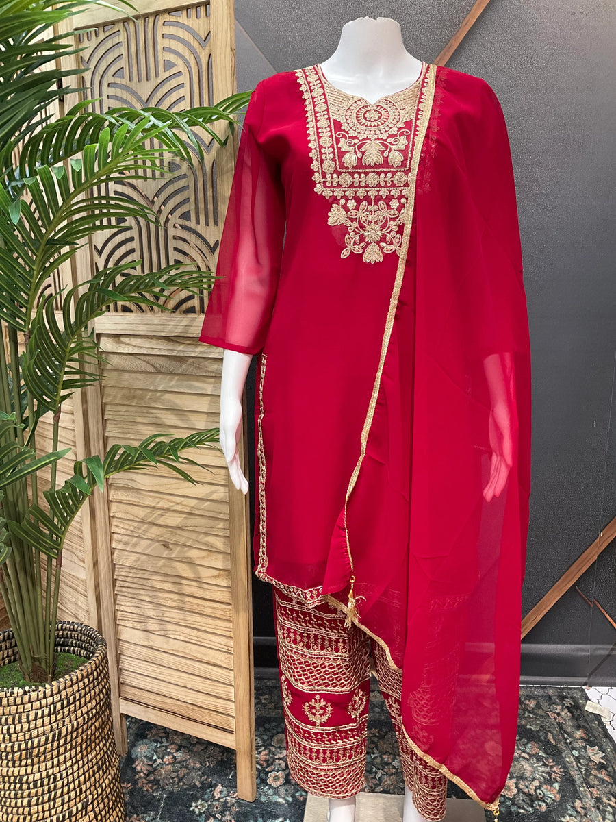 Party Wear Georgette Kurti set- Embroidery Work Pants
