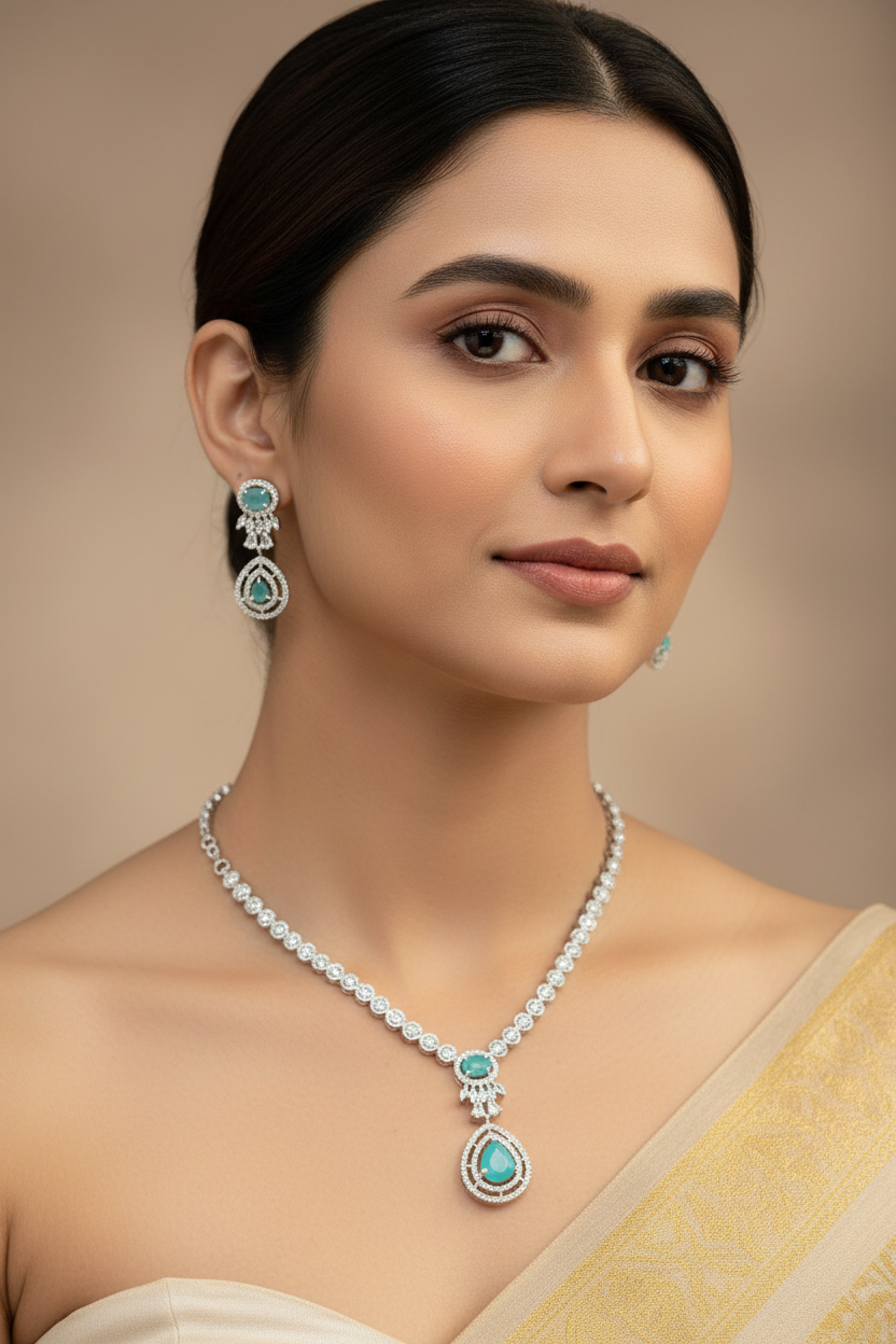 Silver Finish CZ Necklace set with Aqua Blue Stones