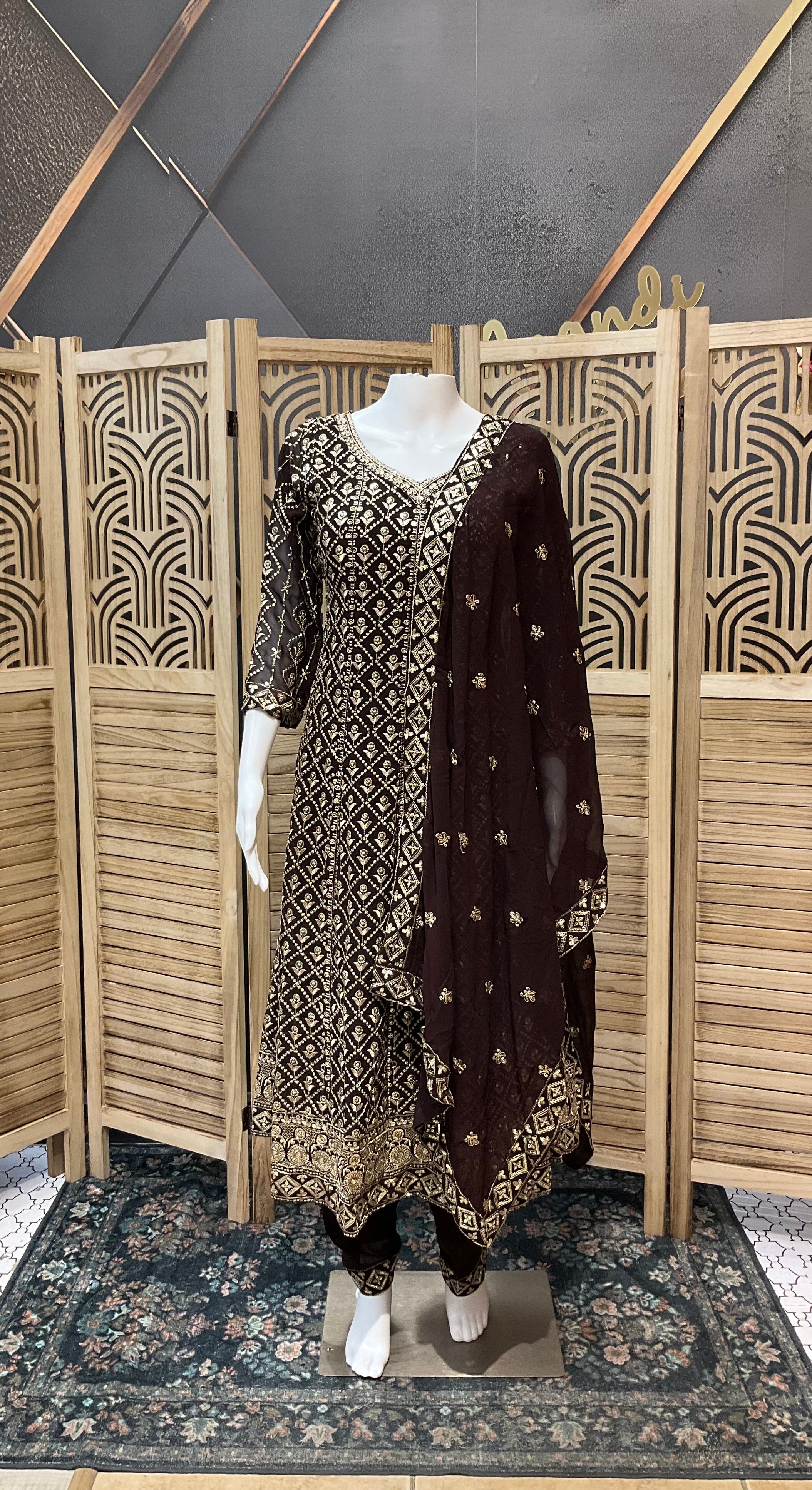 Brown Georgette Anarkali Model Party Wear Kurti set