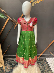 Pink & Green Little Girls Benarasi Long dress