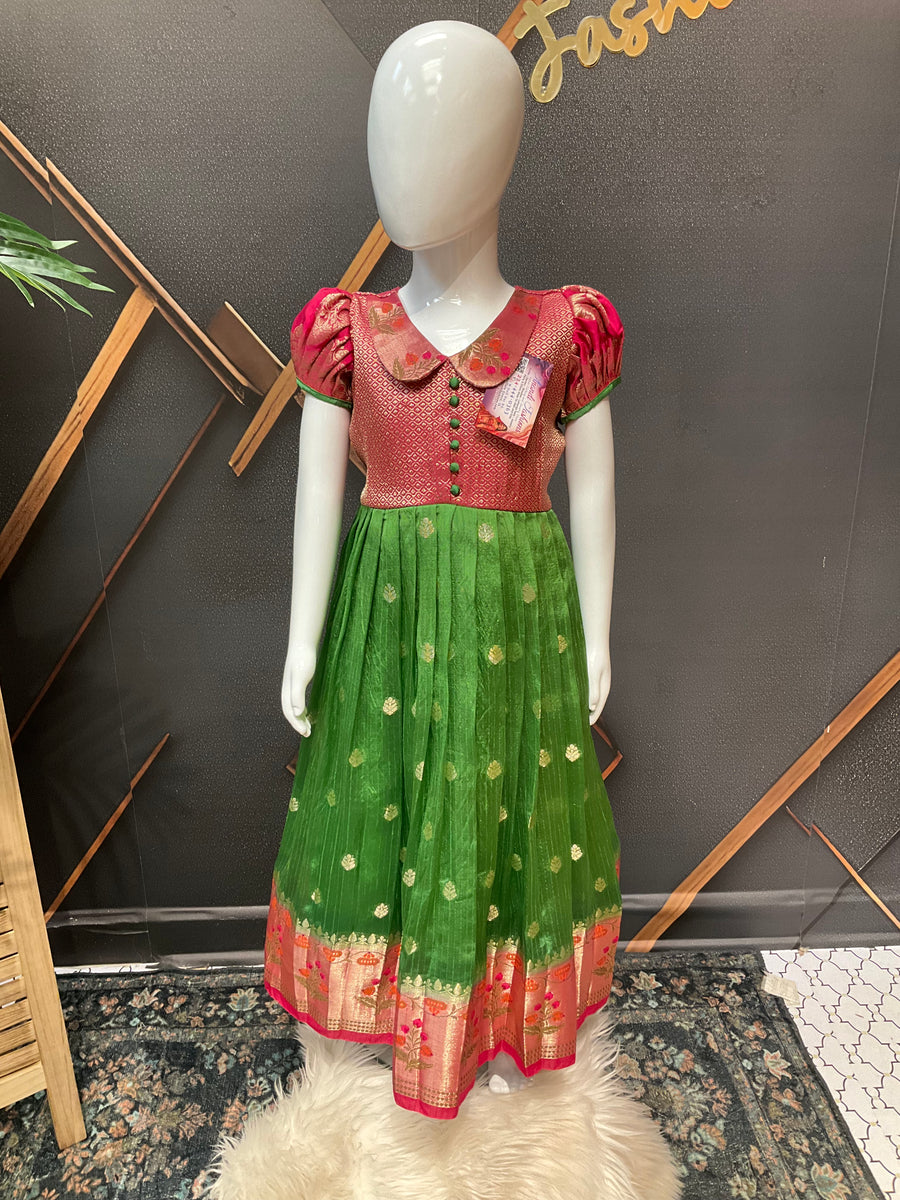 Pink & Green Little Girls Benarasi Long dress