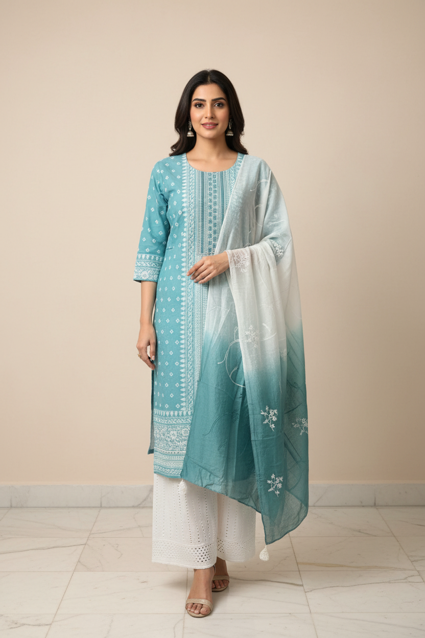 Light Blue - Cotton Chikankari Kurti set