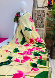 Mangalagiri Silk Digital Print Lotus Saree with stitched Blouse