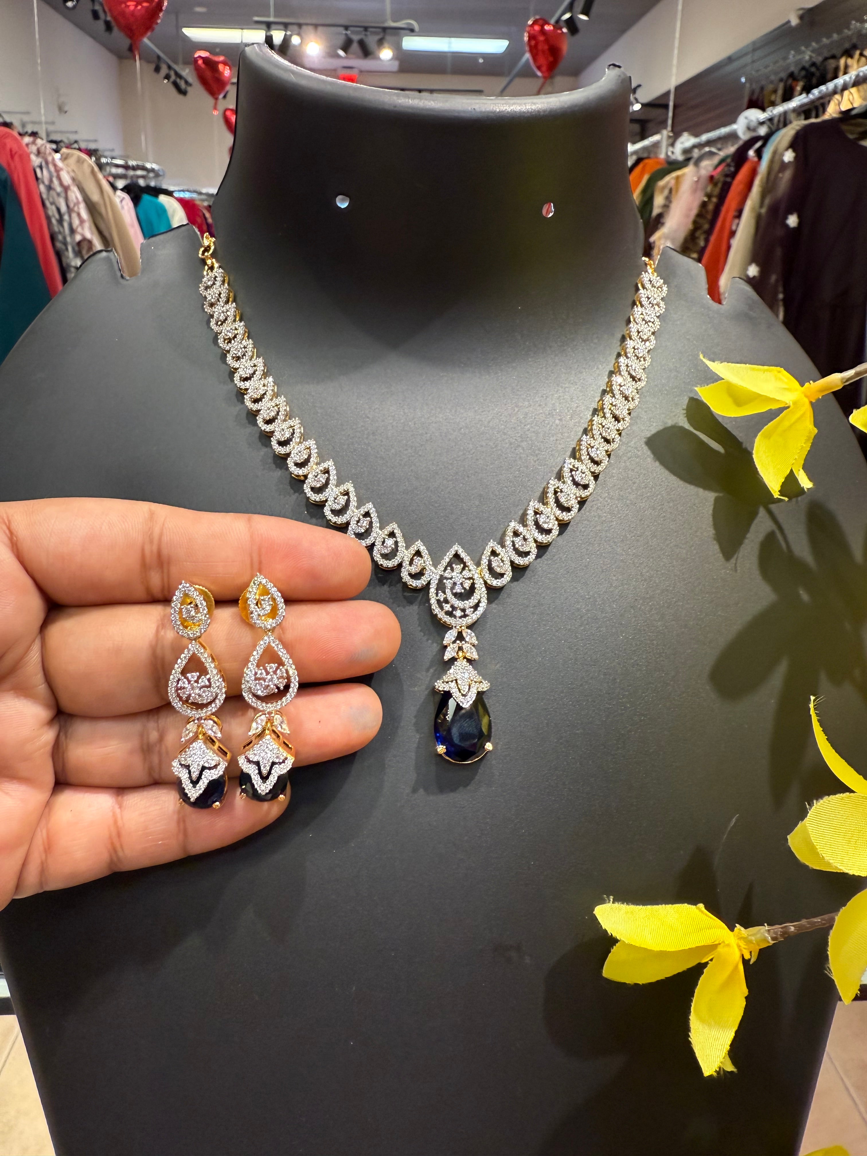 Party Wear CZ Necklace set with Drop Style pendant