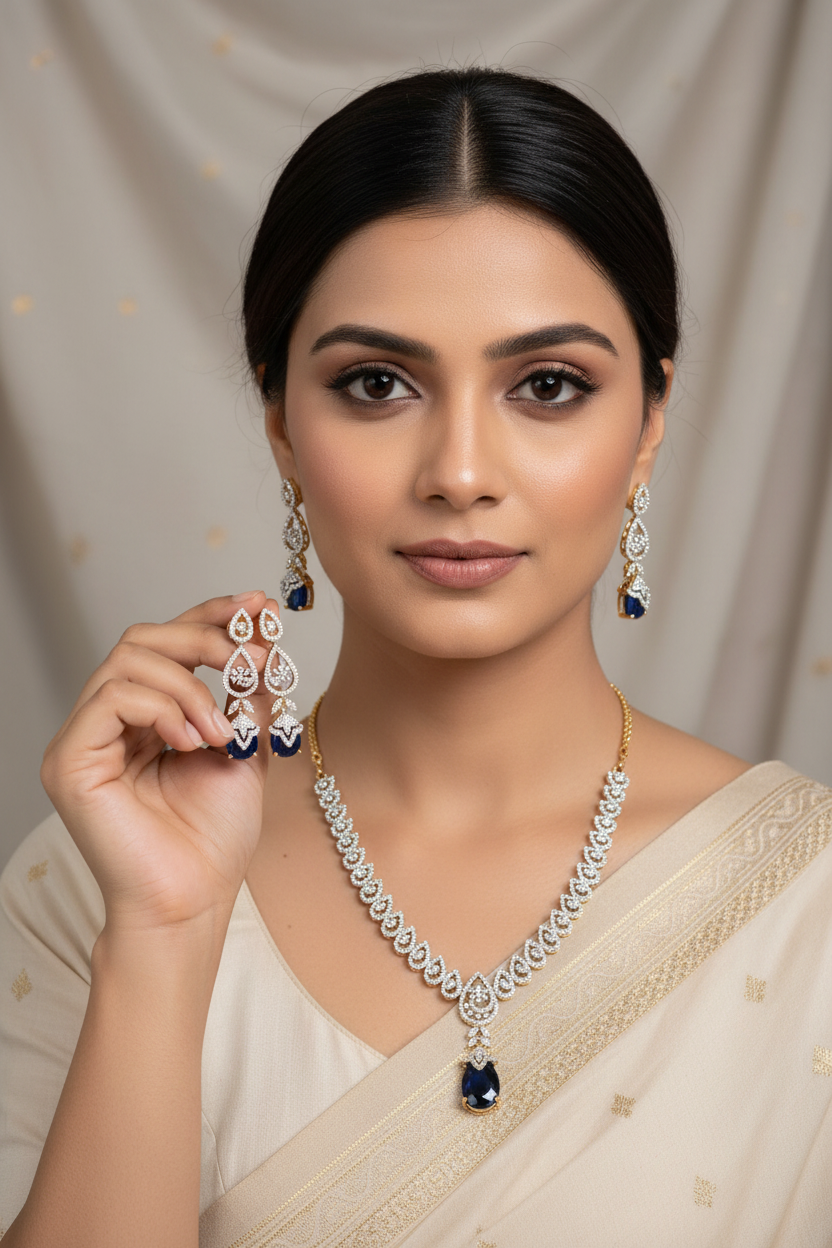 Close-up of woman in beige saree wearing and holding diamond and sapphire Indian ethnic jewelry necklace and earrings
