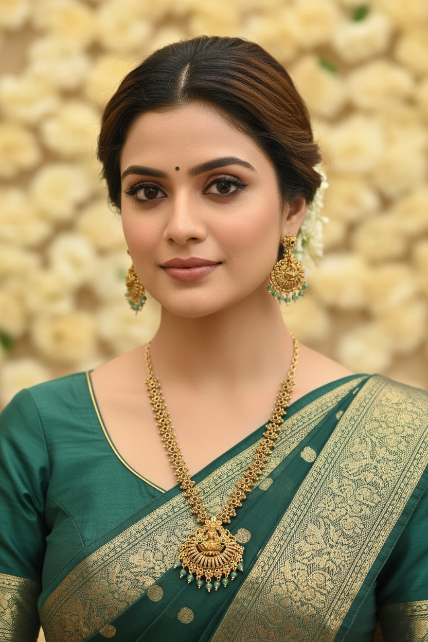 Close-up of woman wearing traditional green saree with gold border and gold jewelry including necklace and earrings