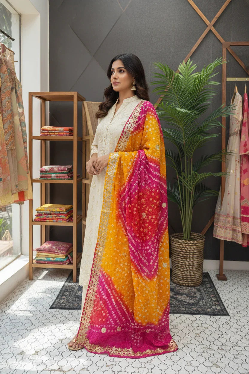 Woman in a cream Indian ethnic kurta with a vibrant pink and yellow bandhani dupatta, standing in a boutique with ethnic wear and decor
