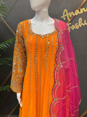 Orange Georgette Sharara Set with Real Mirror Work - Party Wear