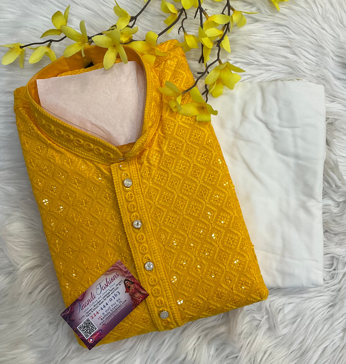 Yellow Chikankari Sequence Mens Wear kurta set