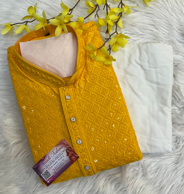 Yellow Chikankari Sequence Mens Wear kurta set