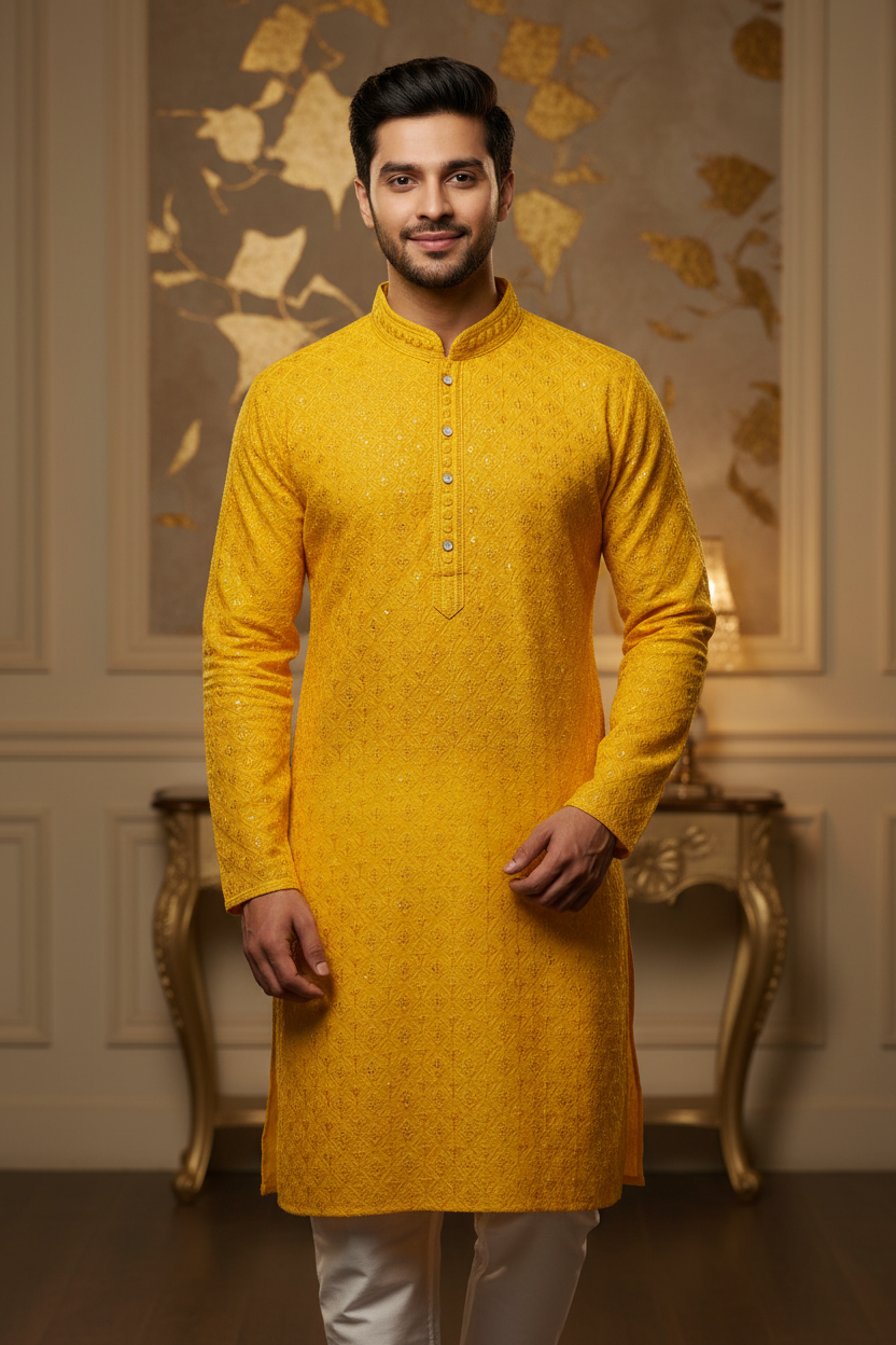 Yellow Chikankari Sequence Mens Wear kurta set