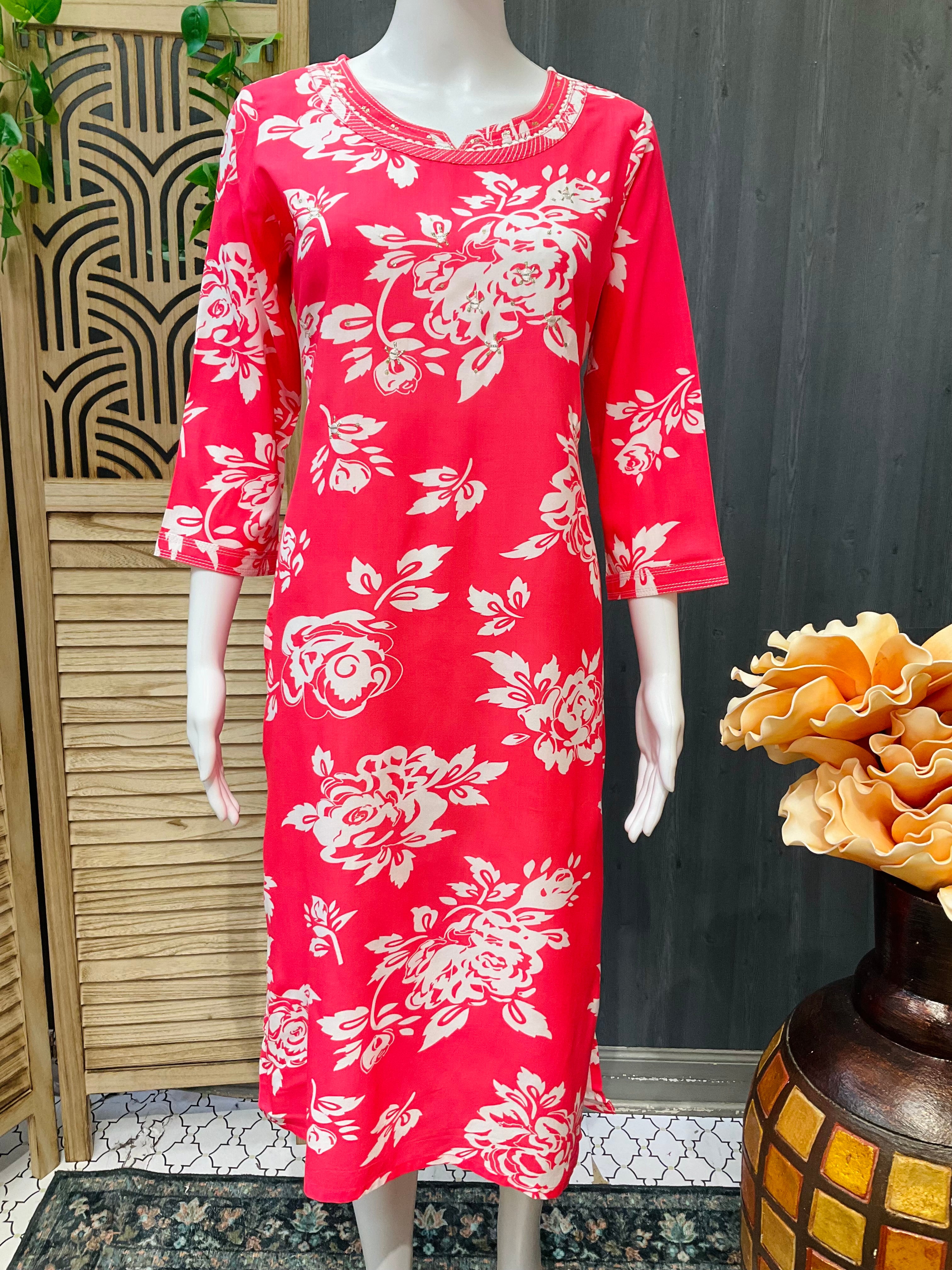 Pure Cotton-Bright Pink Floral kurti