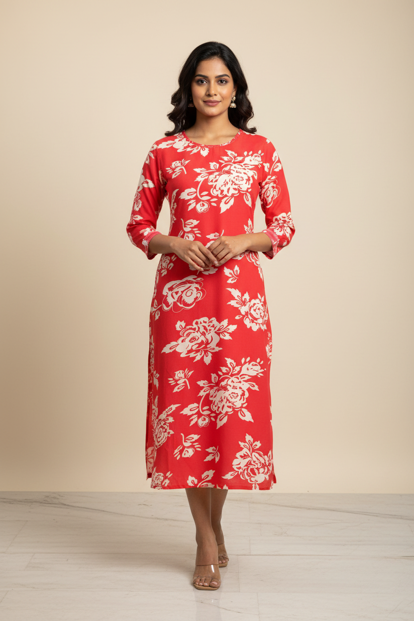 Plus Size Pure Cotton Bright Pink Floral kurti