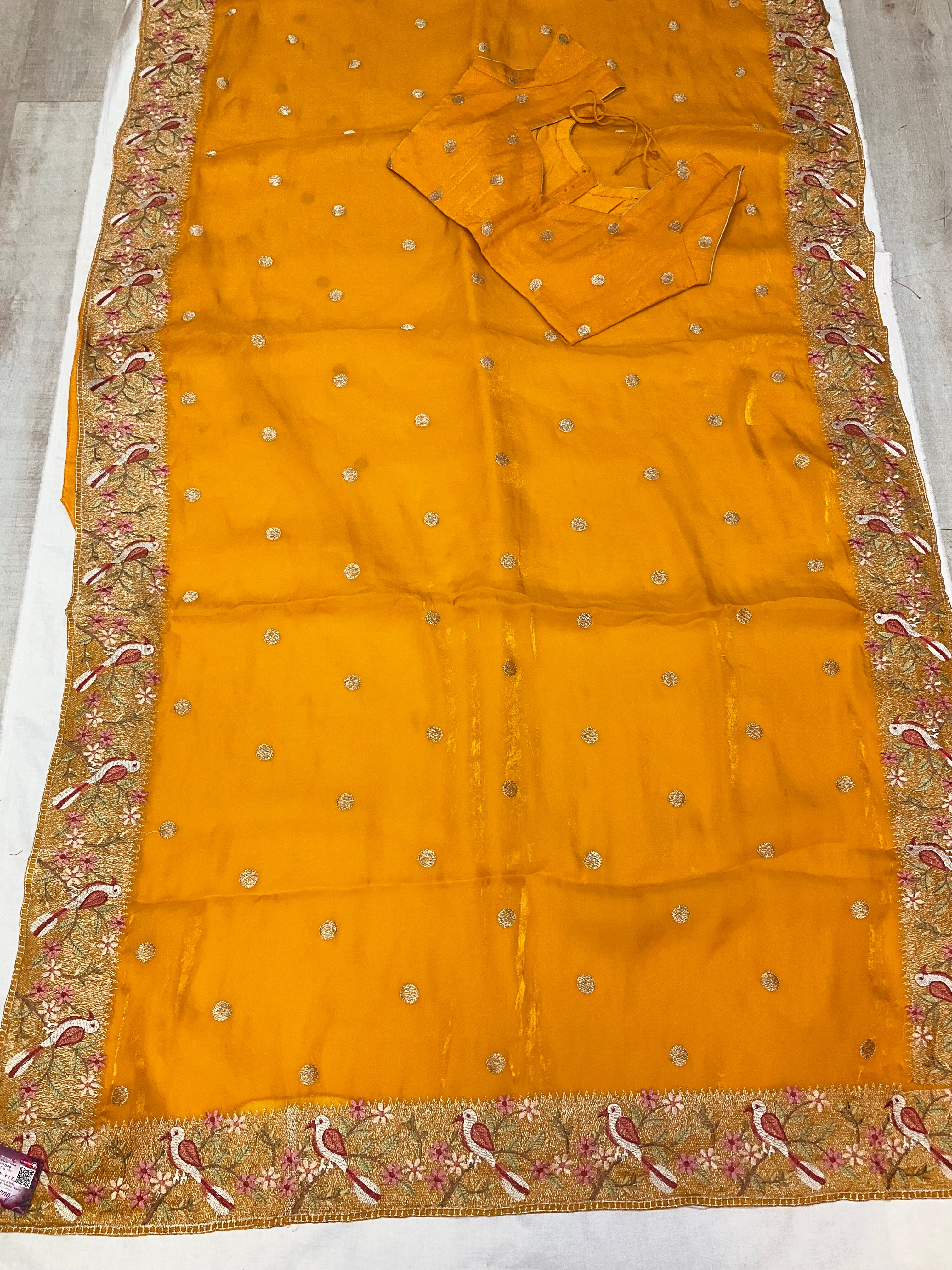Mango yellow Crushed Tissue embroidery saree with Stitched blouse and fall pico done
