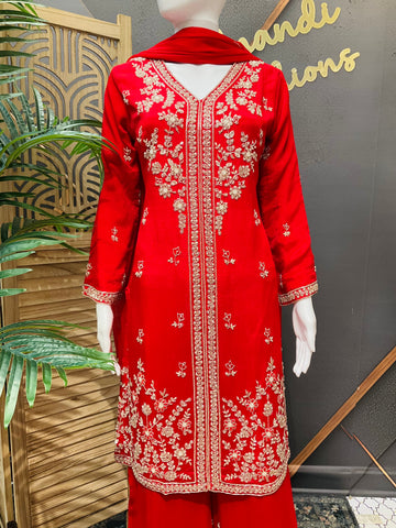 Red Party Wear Crape Silk Palazzo set