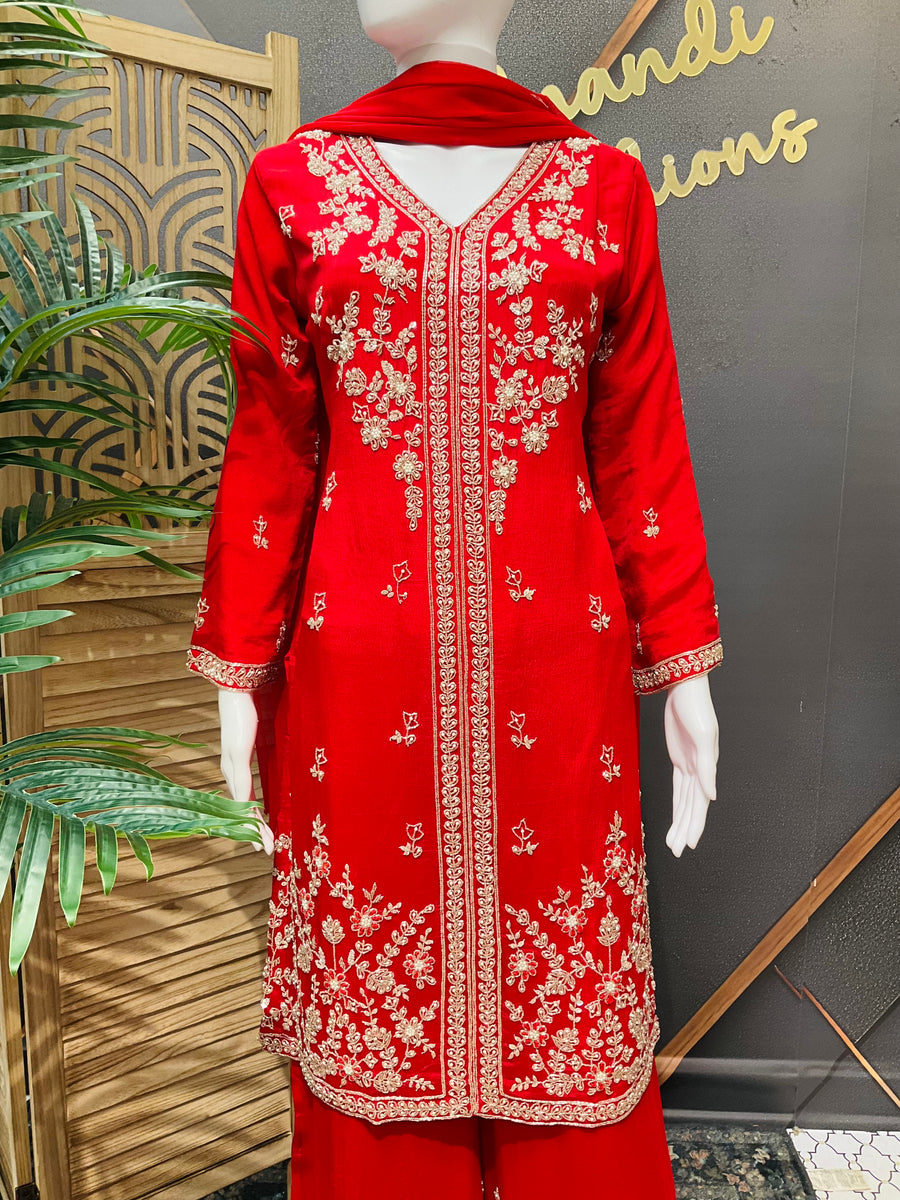 Red Party Wear Crape Silk Palazzo set