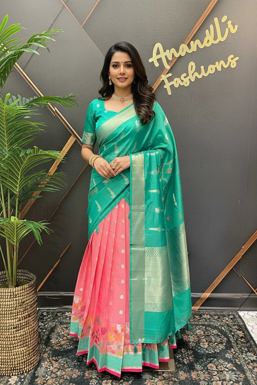 Woman in turquoise and pink silk saree with golden motifs posing indoor near Anandi Fashions sign