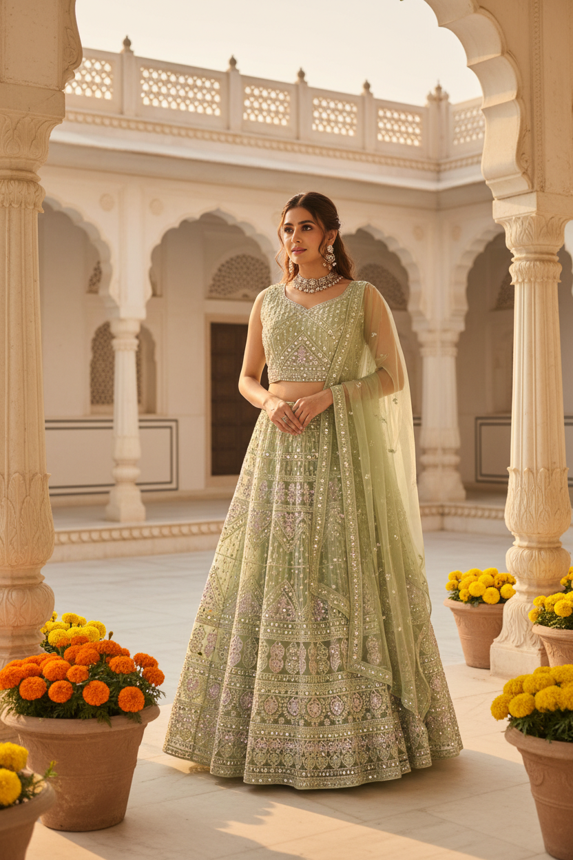 Women’s Mint Green Party Wear Lehenga Set – Plus Size