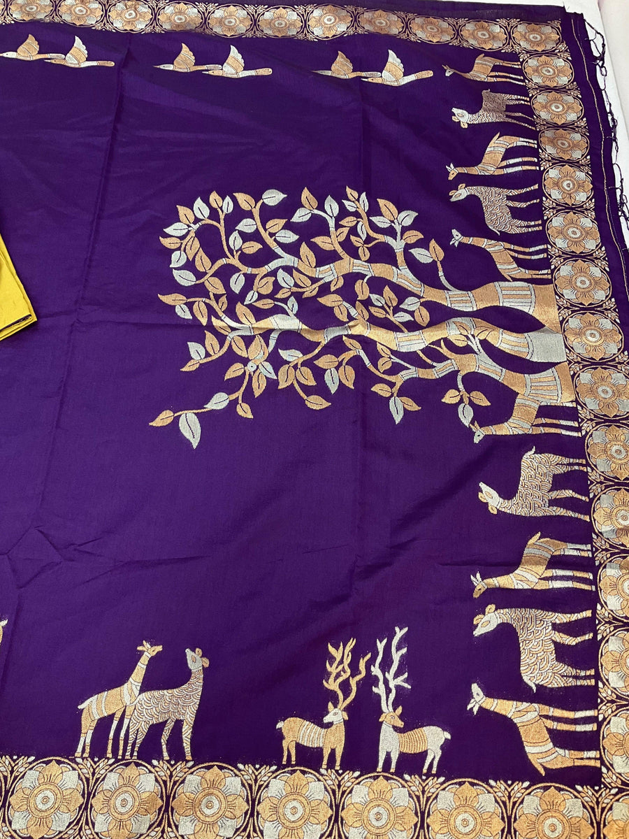 Semi Benarasi Saree with Contrast Stitched Blouse - Premium Quality