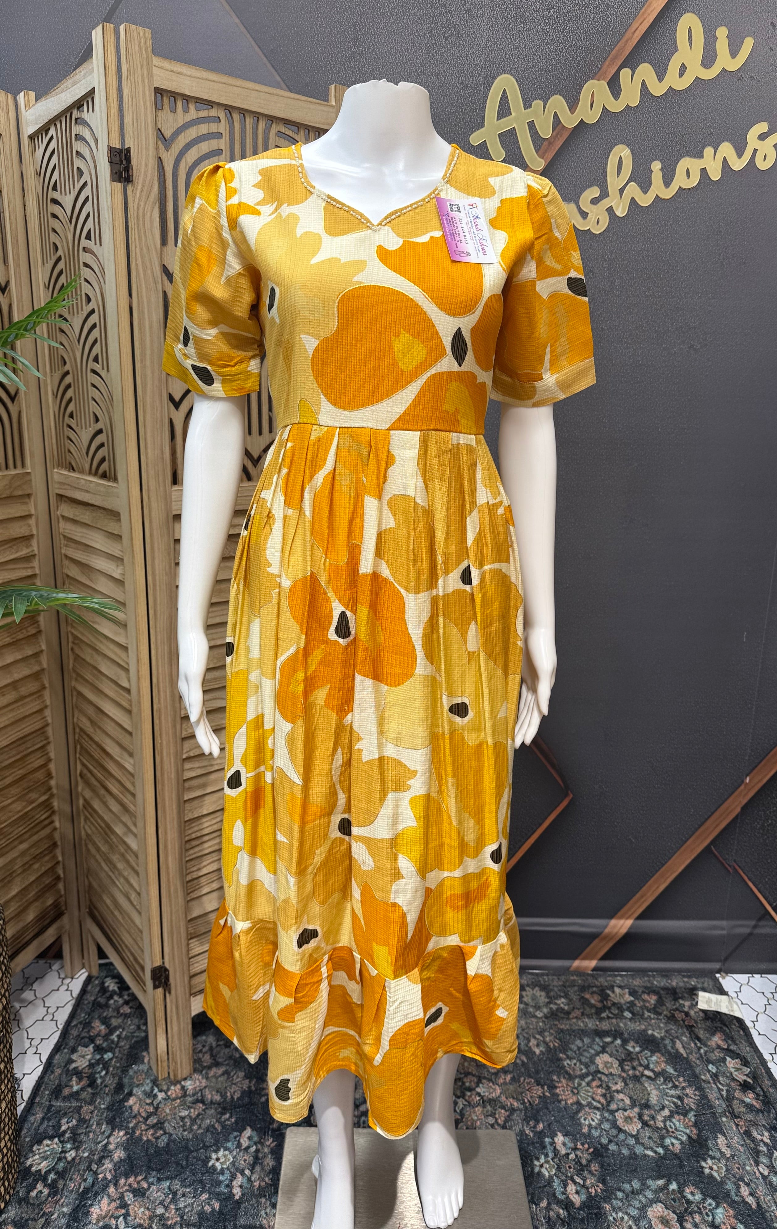Yellow Shade - Mid Length Patterned Dress/Kurti
