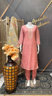 Pink cotton Chanderi silk kurti set
