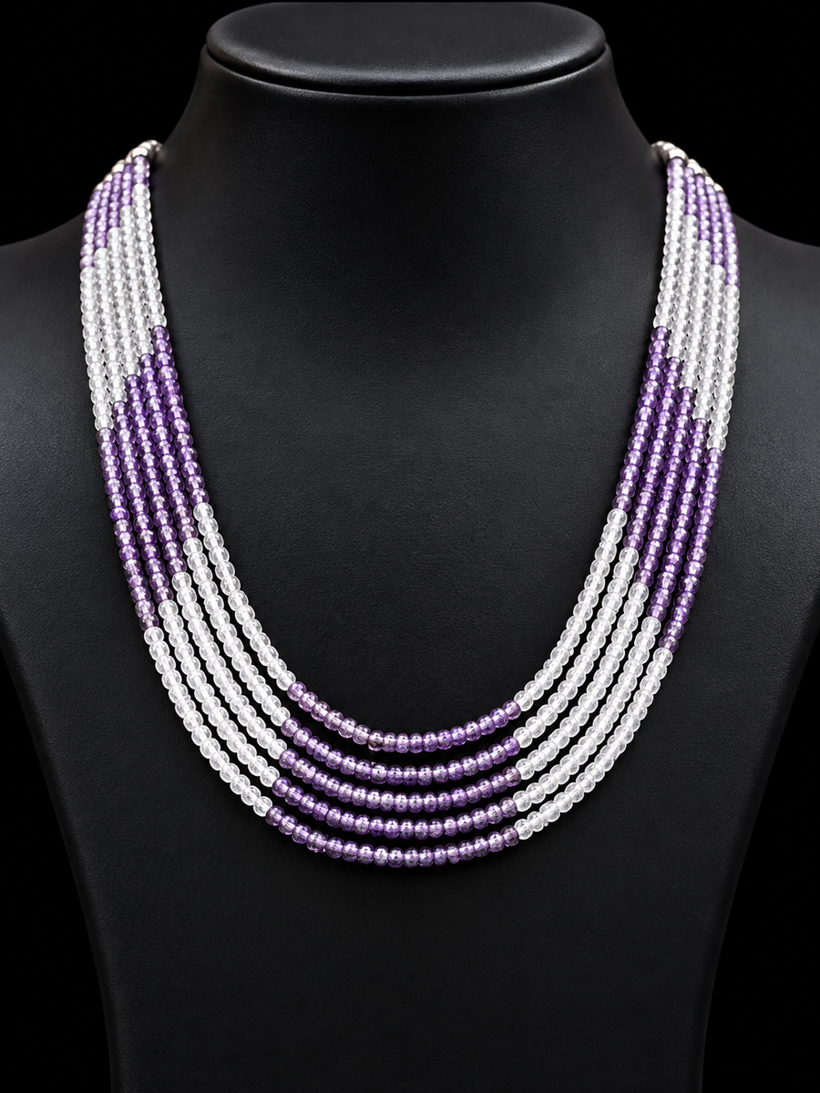 CZ Beads Purple & White 5-Line Necklace