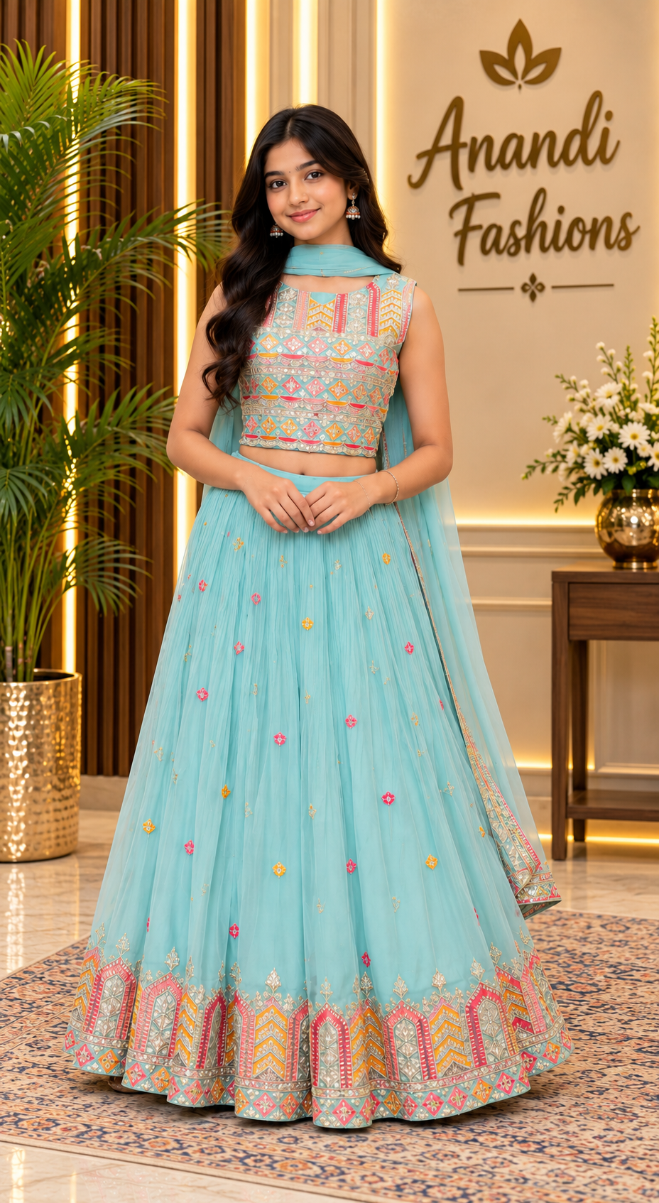 Teenage Girls Blue Georgette Lehenga Set