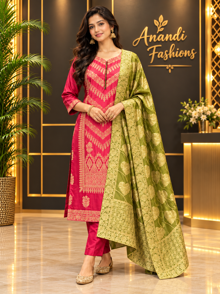 Plus size Party Wear Pink Benarasi Silk kurti set