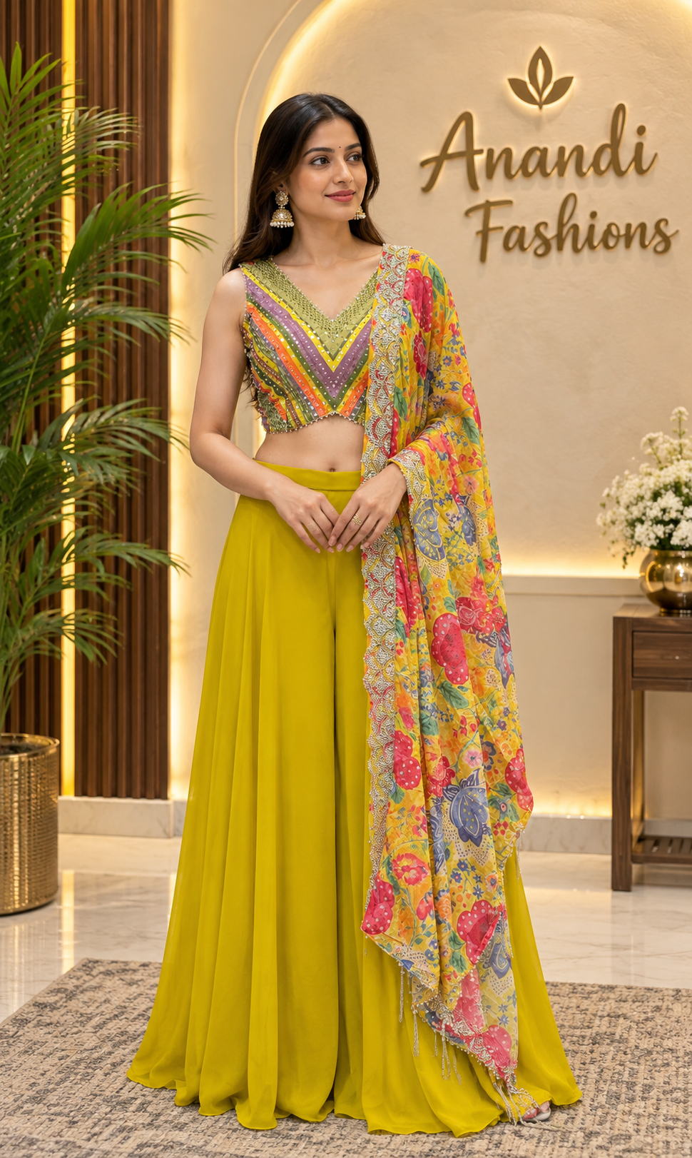 Women’s Yellow Chiffon Sharara Set with Floral Print Dupatta