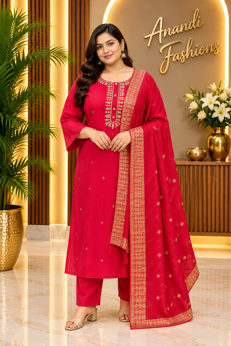 Women’s Hot Pink Roman Silk 3 Piece Kurti Set – Plus Size