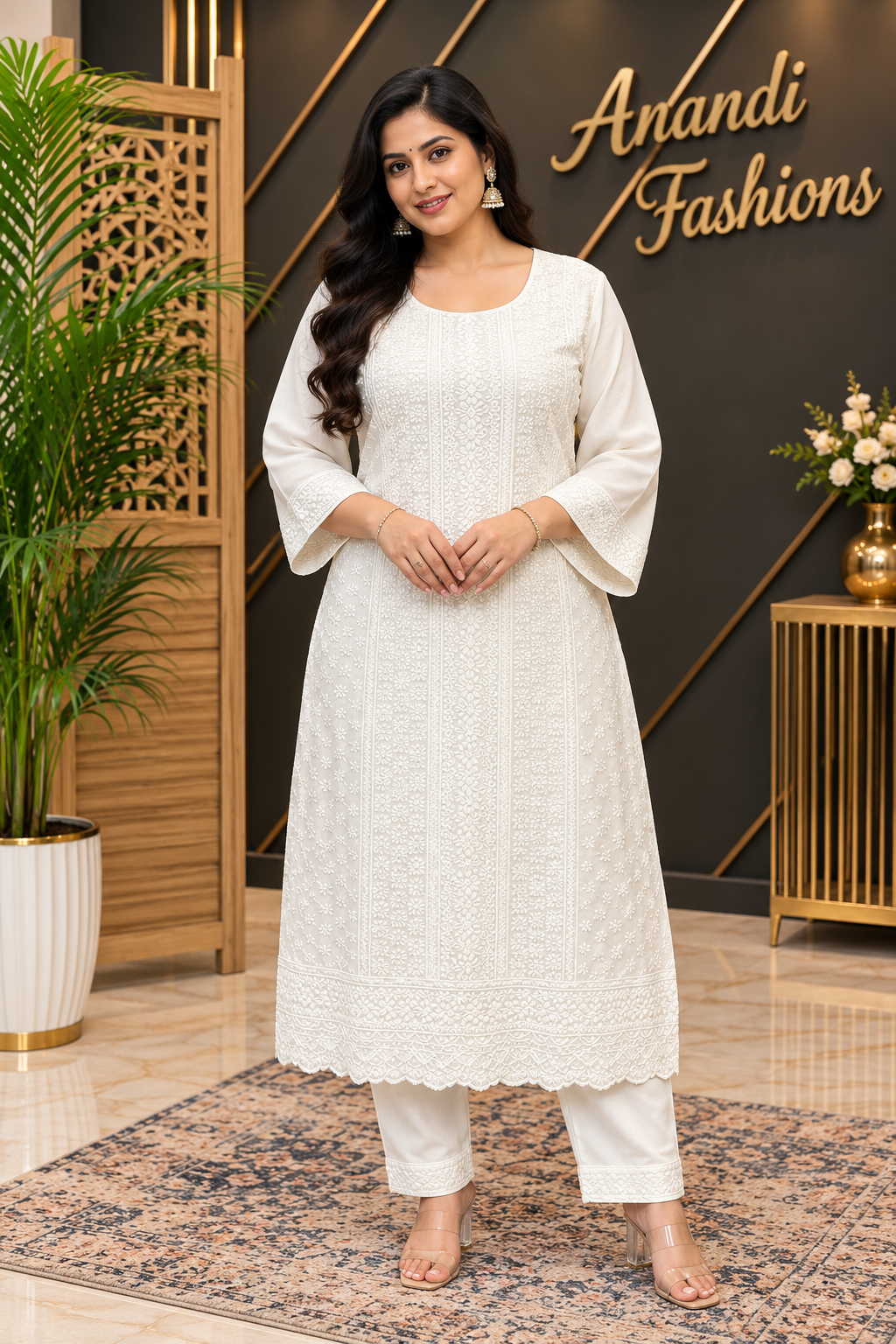 Women’s White Rayon Chikankari 2 – Piece Kurti Set – Plus Size